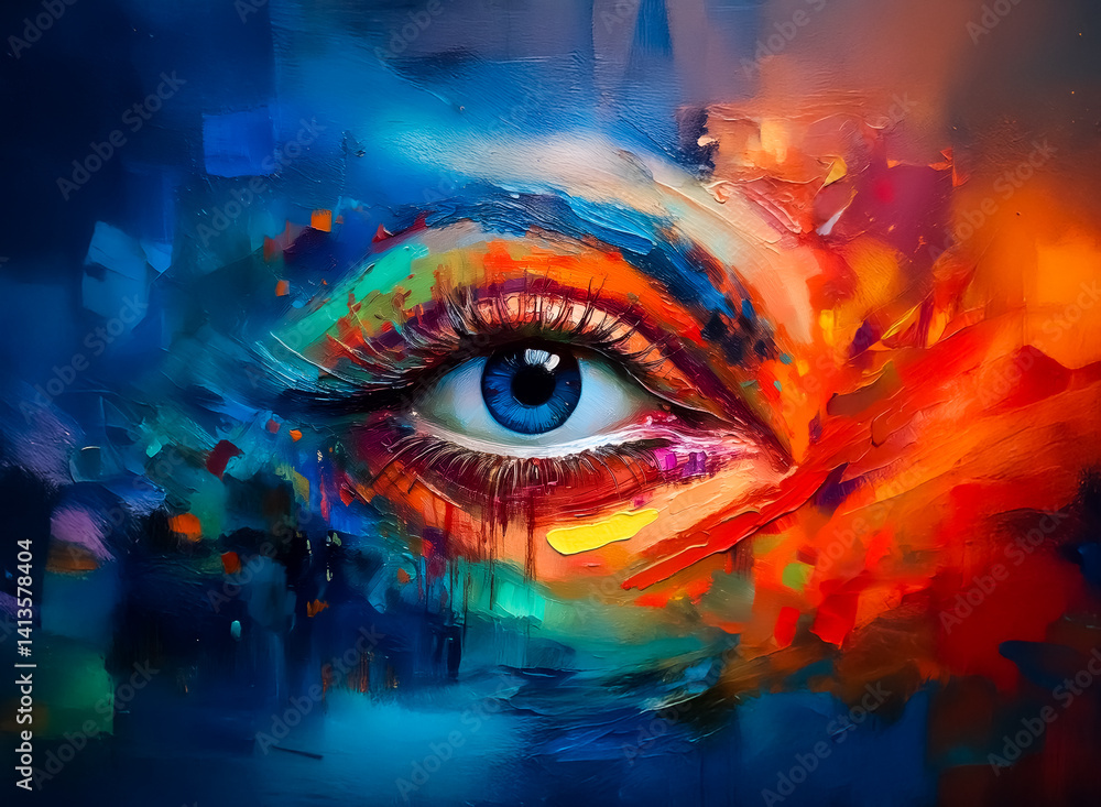Poster an abstract eye gazes out. hints of color swirl around the eye in an explosion of hues. the iris is 