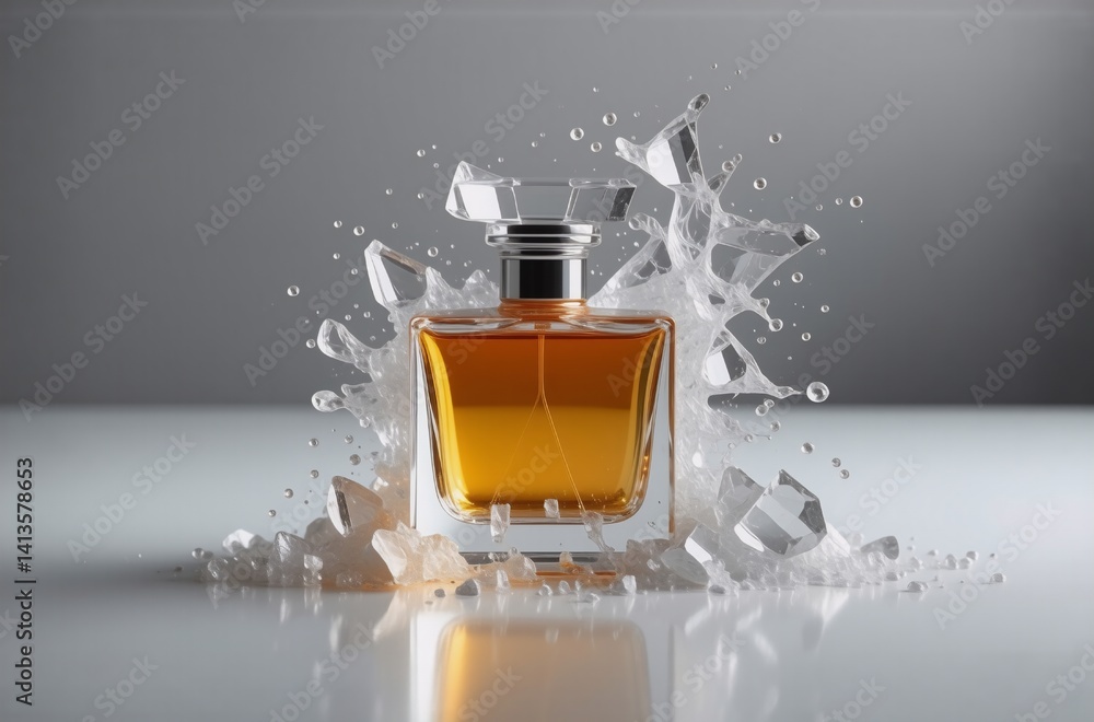 Poster A square amber perfume bottle sits amidst a dynamic splash of translucent liquid, reflecting on a sleek, light surface.  The scene is clean and modern, highlighting the fragrance's luxurious essence.