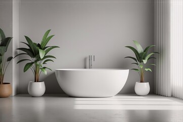 Fototapeta premium Modern minimalist bathroom interior. Freestanding oval bathtub, potted plants flanking it, sunlight streaming in. Clean lines and serene atmosphere.