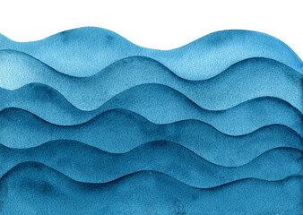 Artistic watercolour bright teal blue wavy layered paper cut border background. Hand painting aquamarine watercolor overlay sea waves frame for marine banner, invitation, nature poster design