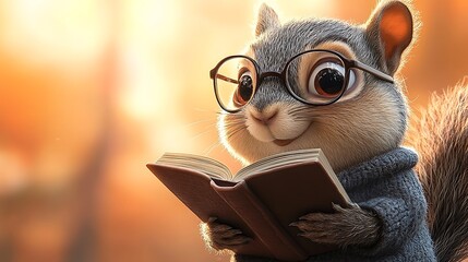 Adorable cartoon squirrel reading book educational illustration