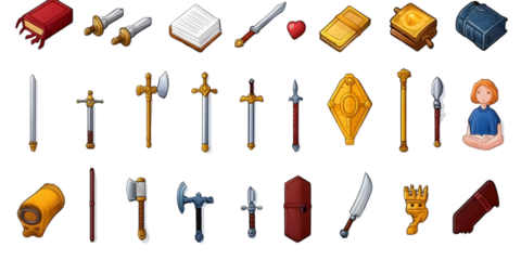 Pixel Art Illustration of Various Weapons and Character on Black Background