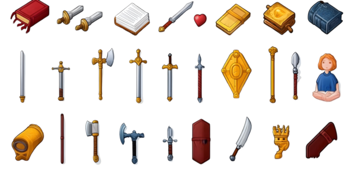 Pixel Art Illustration of Various Weapons and Character on Black Background