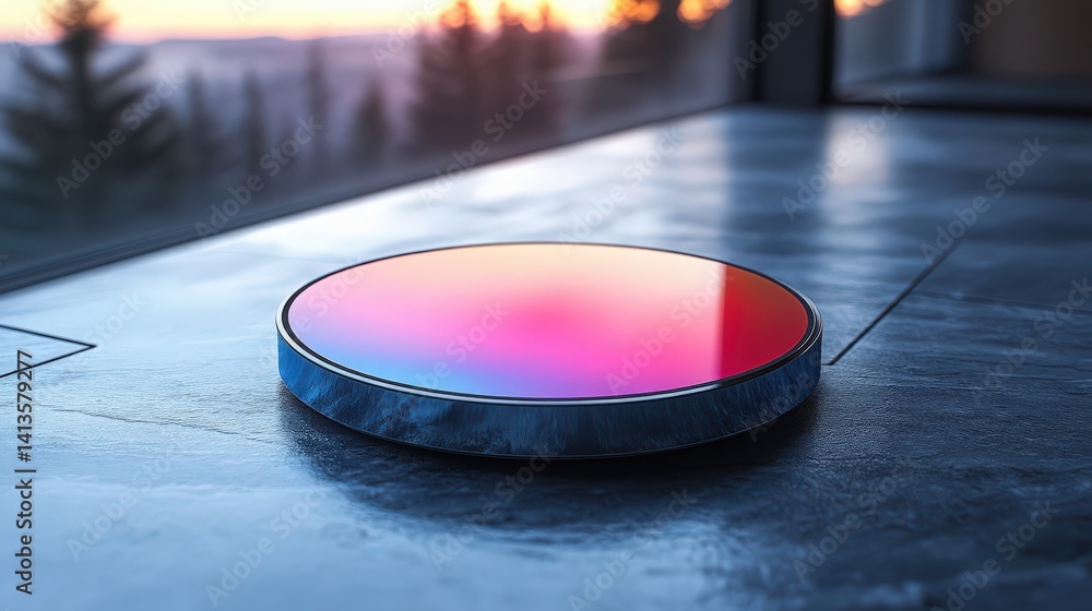 Poster aesthetic circular object with iridescent reflection against a blurry backdrop