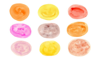 Playful set of artistic textured bright pink, red, orange and yellow watercolor painting round shapes. Hand painted watercolour circle stains for banner design, greeting cards, sticker design