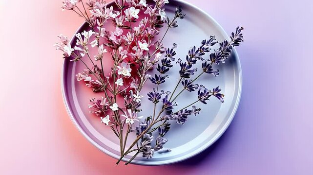 Delicate lavender and white flowers artfully arranged on a pastel plate, evoking serenity and natural beauty Generative AI