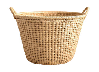 Traditional Handwoven Natural Wicker Basket with Double Handles Made from Rattan or Bamboo Material Isolated on Transparent and White Background
