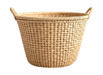 Traditional Handwoven Natural Wicker Basket with Double Handles Made from Rattan or Bamboo Material Isolated on Transparent and White Background