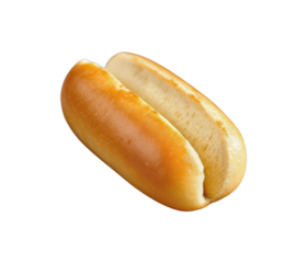 Fresh Golden Hot Dog Bun Split Open, Soft Wheat Bread Roll for Frankfurter Sausage, Classic American Fast Food Bakery Product Isolated on Transparent and White Background