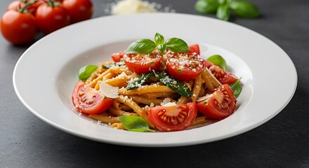 Closeup of a Plate of Creamy Tomato Pasta with Fresh Basil and Parmesan