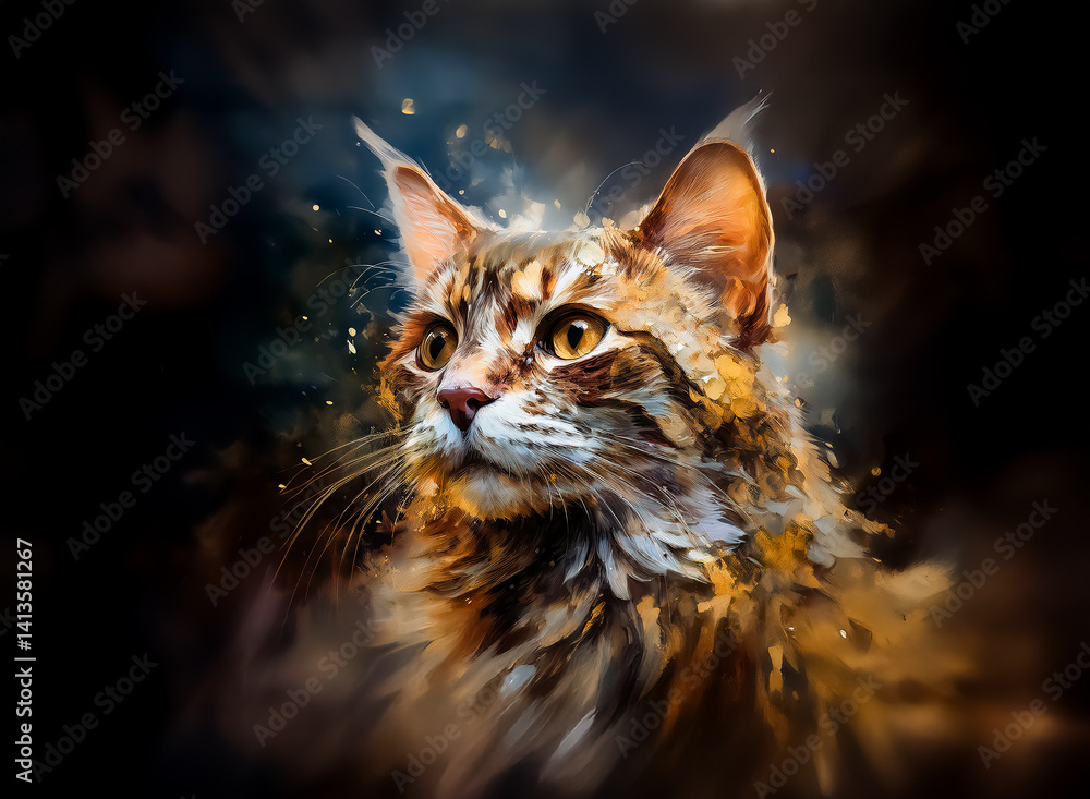 Poster a digital painting showcases a brown tabby cat with striking pointed ears, looking upwards. the artw