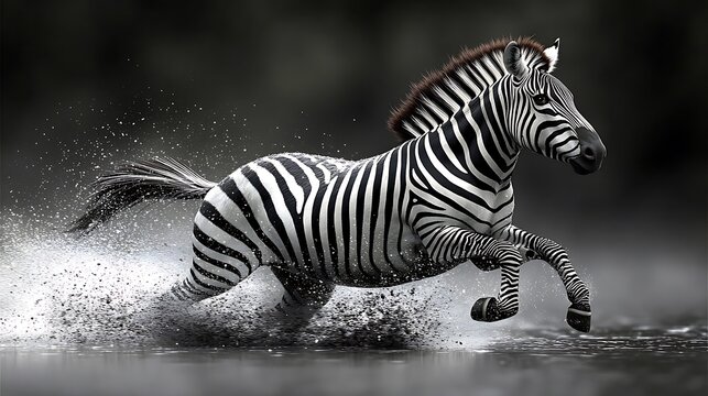 Striped zebra running monochrome wildlife photography