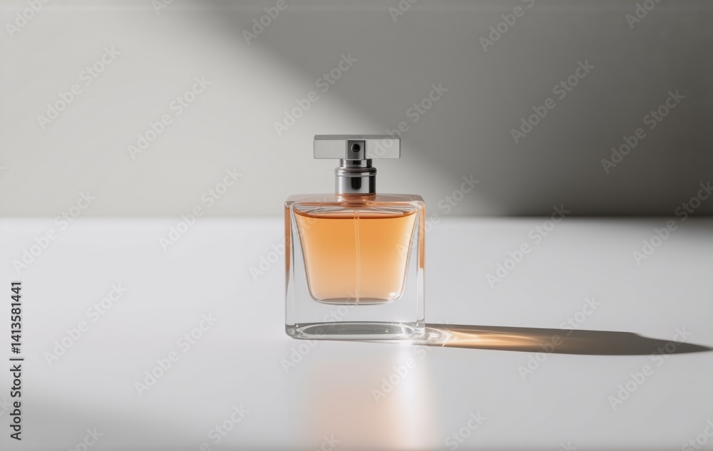 Aufkleber a translucent amber perfume bottle sits on a white surface, illuminated by a dramatic shaft of sunli