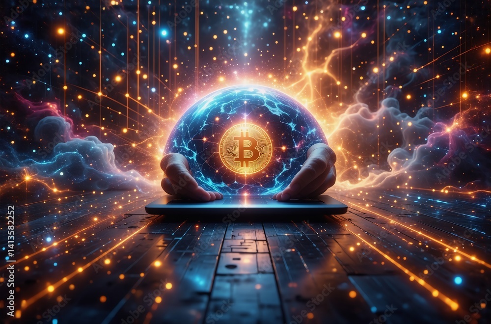 Leinwandbilder the image shows a glowing orb with a symbol. it rests in a hand, set upon a device, within a digital