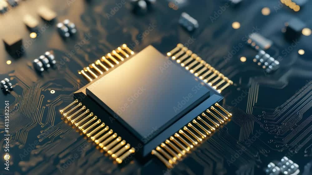 Poster microchip on circuit board with golden connectors display