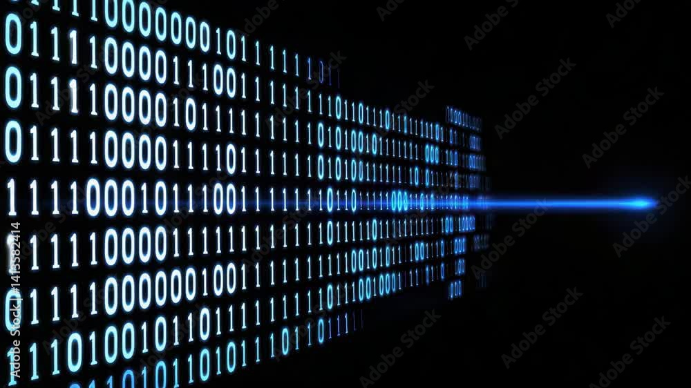 Poster digital binary code flowing in bright blue light stream