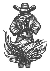 Detailed Cowboy Engraving with Dramatic Flowing Hair and Hat