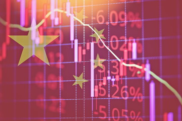 China financial inflation crisis with stock market chart, economic problem, tariffs, investment analysis concept