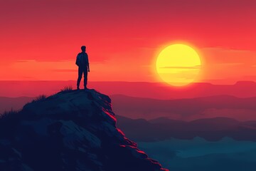 Fototapeta premium Silhouette Adventure: Hiking at Sunset on a Beautiful Mountain Landscape