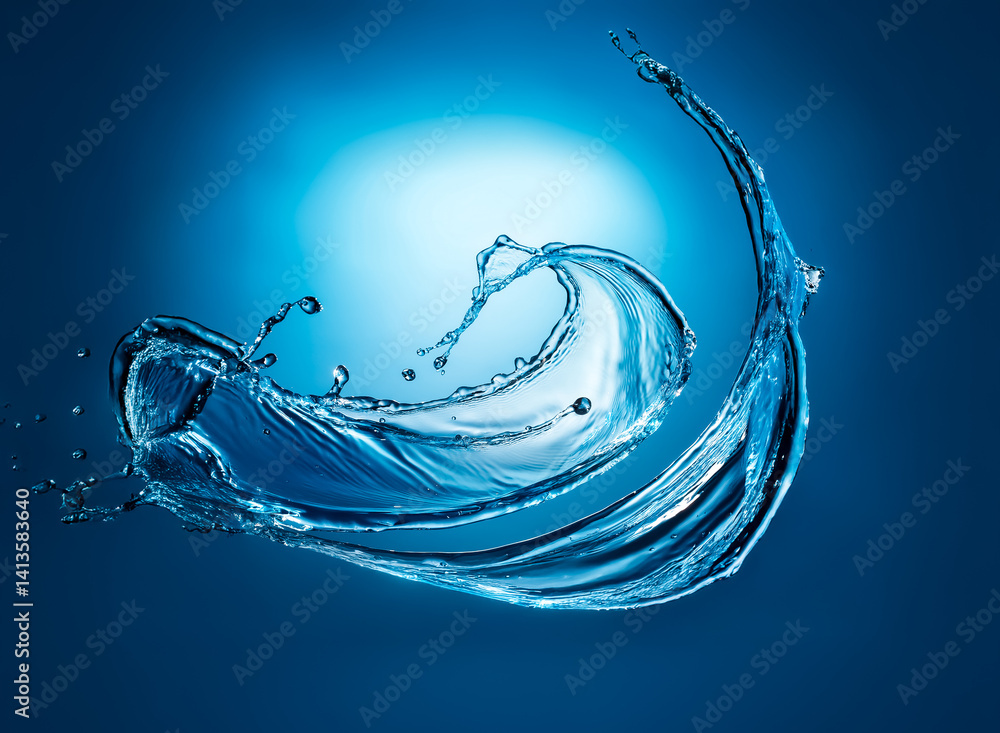 Poster a dynamic water splash against a deep blue backdrop. the transparent liquid curves and twists, showc