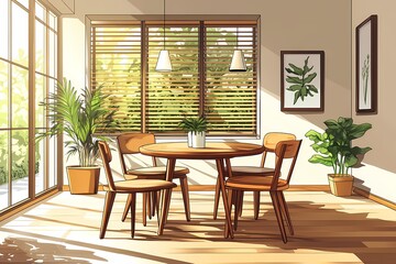Obraz premium Minimalist Interior Design: Natural Light-Filled Dining Room with Wooden Table, Modern Decor and Inviting Greenery