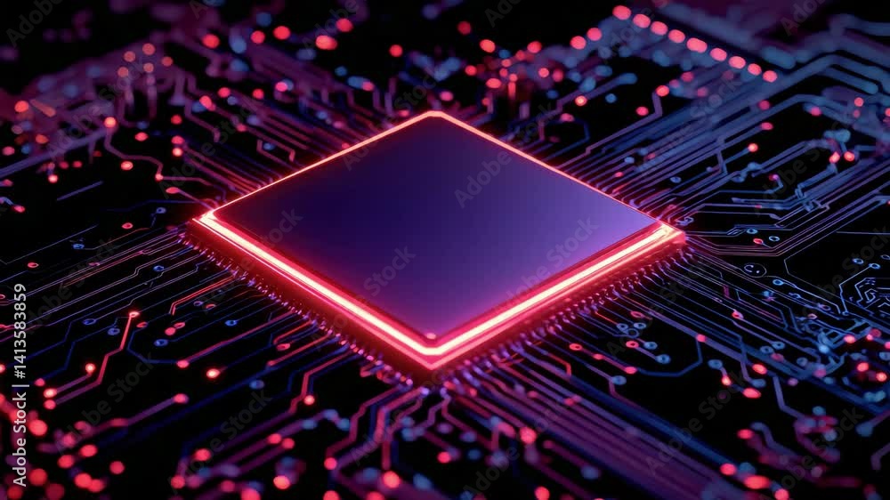 Poster futuristic circuit board with glowing microchip design