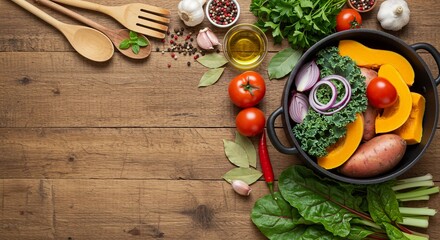 Organic vegetarian ingredients and kitchen tools. Healthy, clean food and eating concept. Top view. Copy space. Ingredients for cooking on wooden table. Vegan diet concept with copyspace. Zero waste�