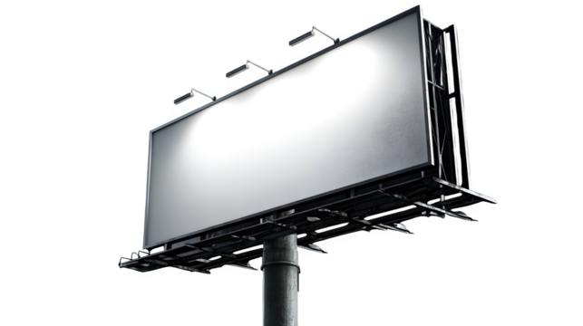 Blank billboard with a metal support pole and top lighting, shown from a low angle against a black background --ar 16:9 --v 7.0