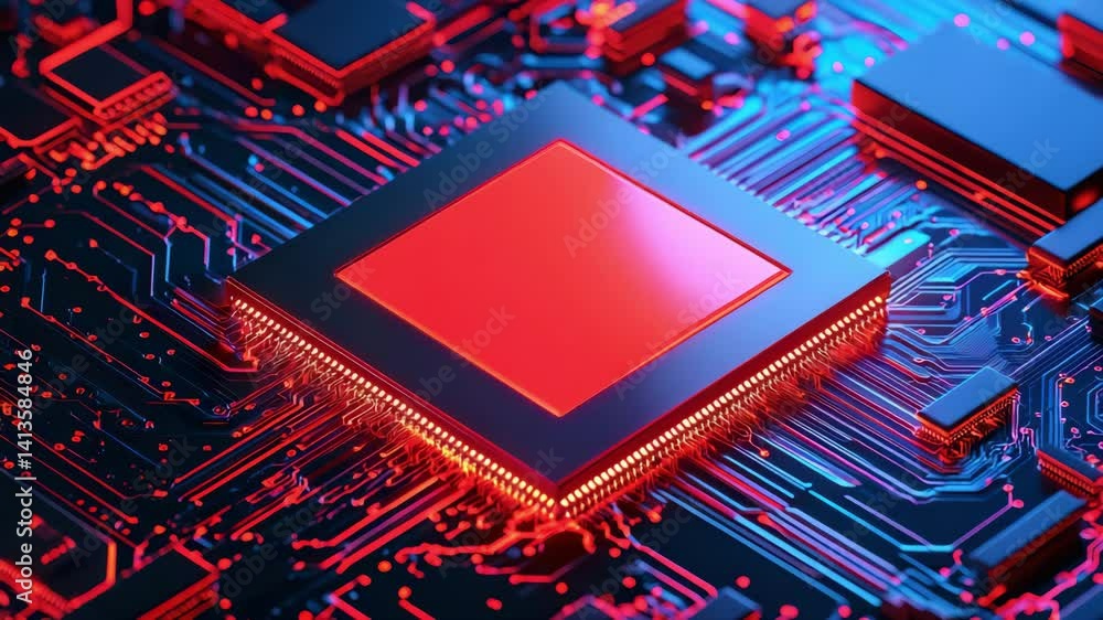 Poster red circuit board with modern microchip technology