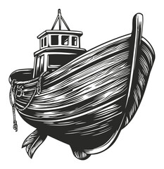Fototapeta premium Vintage Woodcut Style Fishing Boat with Detailed Texture and Lines