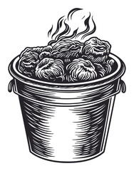 Woodcut Style Illustration of Bucket with Smoldering Material