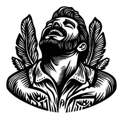 Obraz premium Engraved Portrait of a Joyful Man with Feather Motifs in Woodcut Style