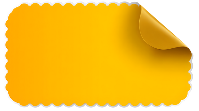 Bright yellow sticker with scalloped edge and curled corner, isolated on transparent or white background --ar 16:9 --v 7.0