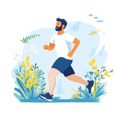 A bearded man jogs outdoors amidst blooming flora