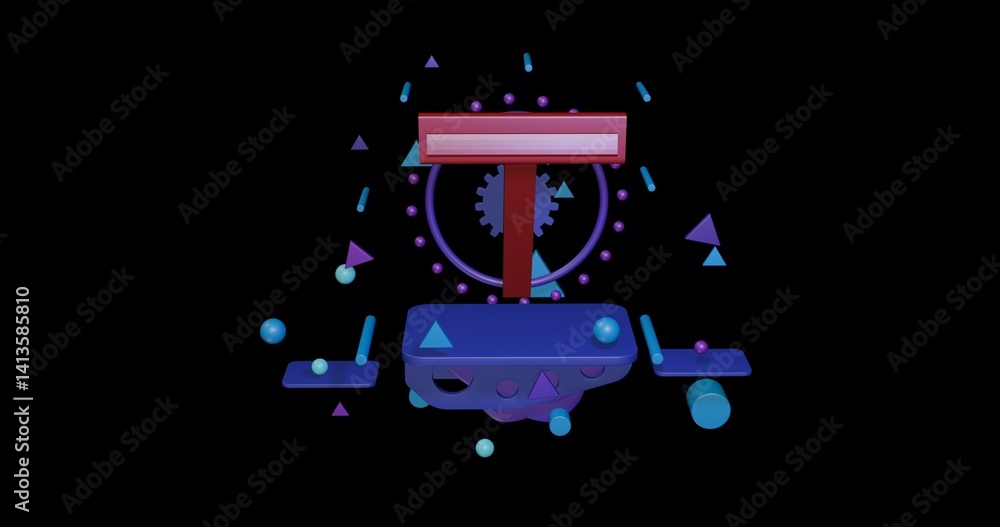 Poster red mens razor symbol on a pedestal of abstract geometric shapes floating in the air. abstract conce