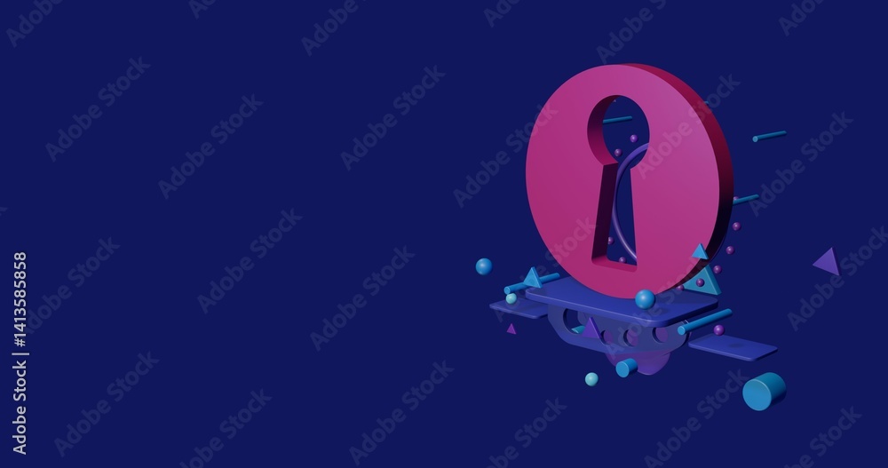 Poster pink keyhole symbol on a pedestal of abstract geometric shapes floating in the air. abstract concept