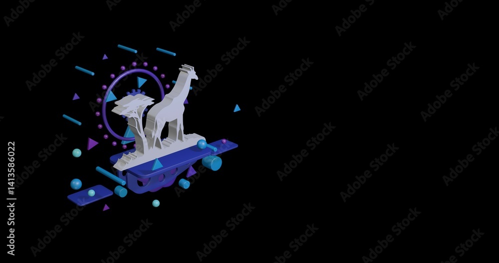 Poster white giraffe symbol on a pedestal of abstract geometric shapes floating in the air. abstract concep