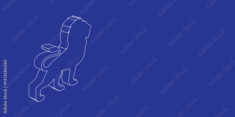 Poster the outline of a large lion symbol made of white lines on the left. 3d view of the object in perspec