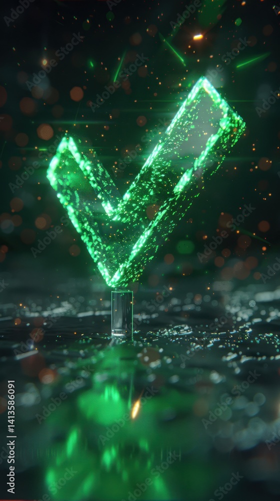 Poster glowing green checkmark on dark reflective surface with bokeh background