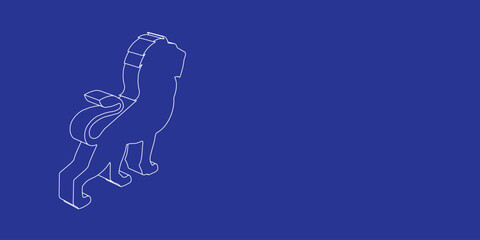 The outline of a large lion symbol made of white lines on the left. 3D view of the object in perspective. Vector illustration on indigo background