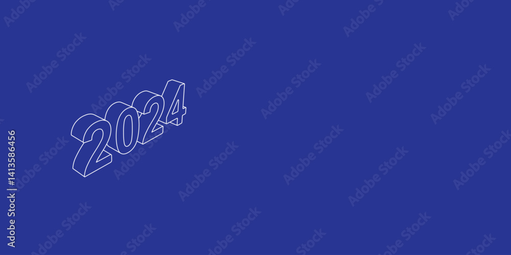 Poster the outline of a large 2024 year symbol made of white lines on the left. 3d view of the object in pe