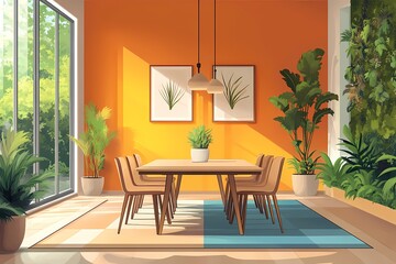 Fototapeta premium Modern Dining Room Interior Design with Orange Wall, Green Plants, and Minimalist Furniture