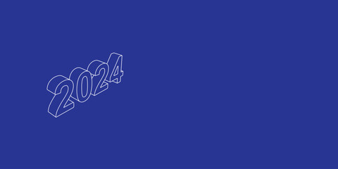 The outline of a large 2024 year symbol made of white lines on the left. 3D view of the object in perspective. Vector illustration on indigo background