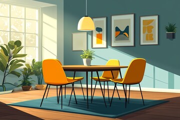 Fototapeta premium Modern Dining Room Design: Art, Plants & Colorful Chairs in a Cozy, Sunlit Home Interior