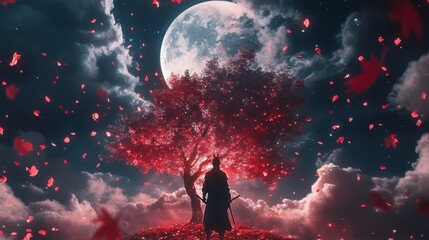 Obraz premium Samurai under crimson moonlit tree, autumn leaves falling. Fantasy art, wallpaper