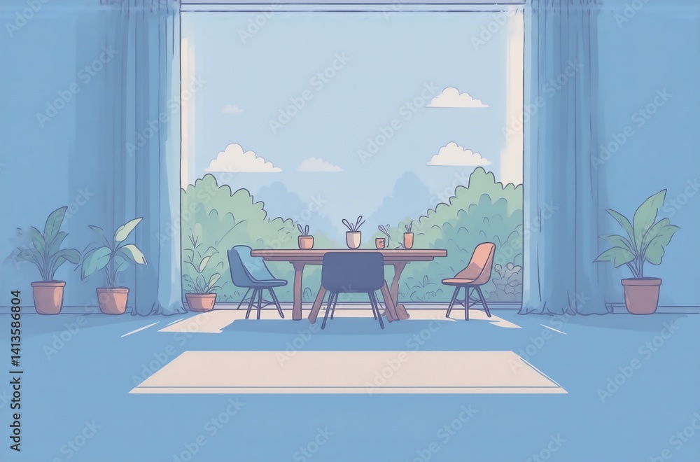 Poster serene illustration of a sunlit dining room, featuring an avatar-like perspective. lush greenery is 