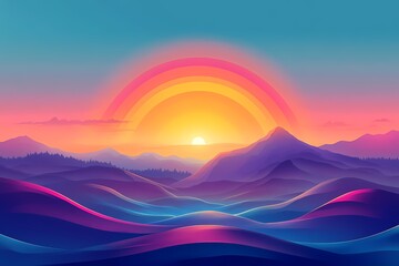 Vibrant Sunset Landscape with Gradient Colors Over Silhouetted Mountains - Peaceful Nature Scenery and Serene Twilight Horizon 