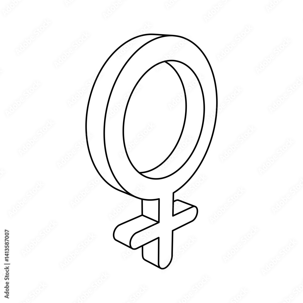 Poster the outline of a large venus symbol is made with black lines. 3d view of the object in perspective. 