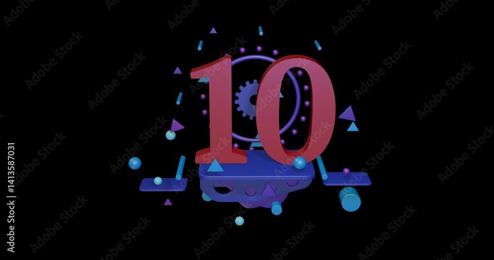 Poster red number ten symbol on a pedestal of abstract geometric shapes floating in the air. abstract conce