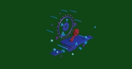 Obraz premium Red baby rattle symbol on a pedestal of abstract geometric shapes floating in the air. Abstract concept art with flying shapes in the center. 3d illustration on green background